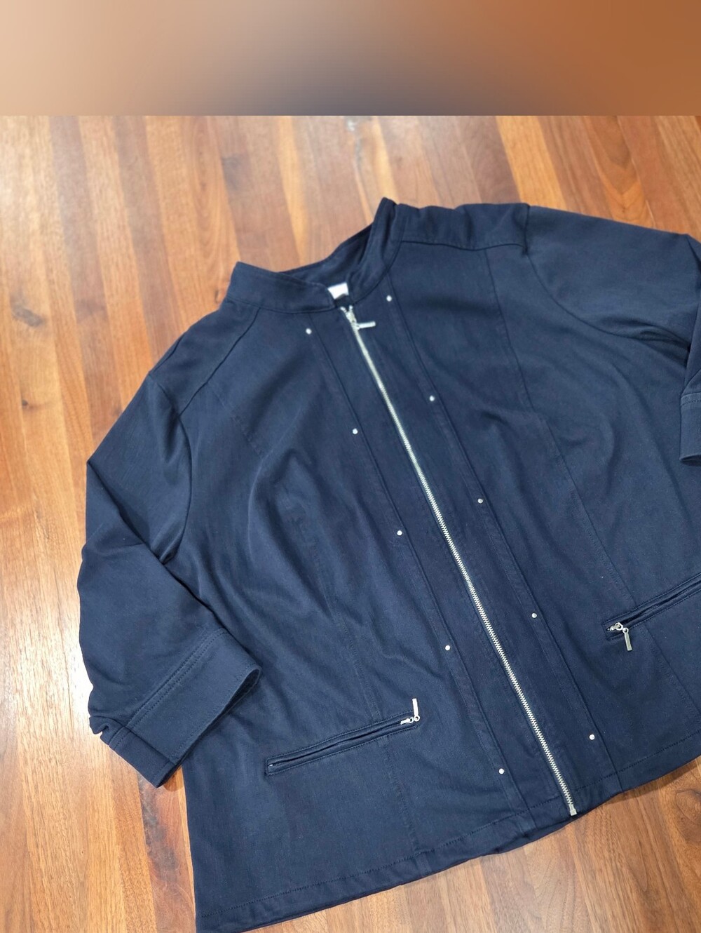 CJ Banks Dark Navy Zip Front Jacket Lightweight Minimal Career Stretch Size 2x - Picture 3 of 8